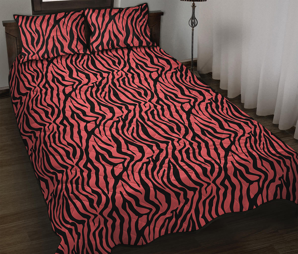 Pink And Black Tiger Stripe Print Quilt Bed Set