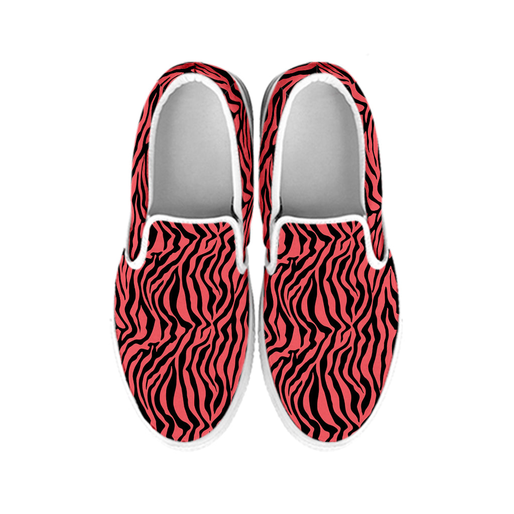 Pink And Black Tiger Stripe Print White Slip On Shoes