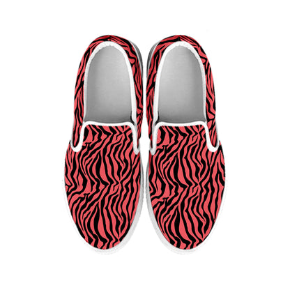 Pink And Black Tiger Stripe Print White Slip On Shoes