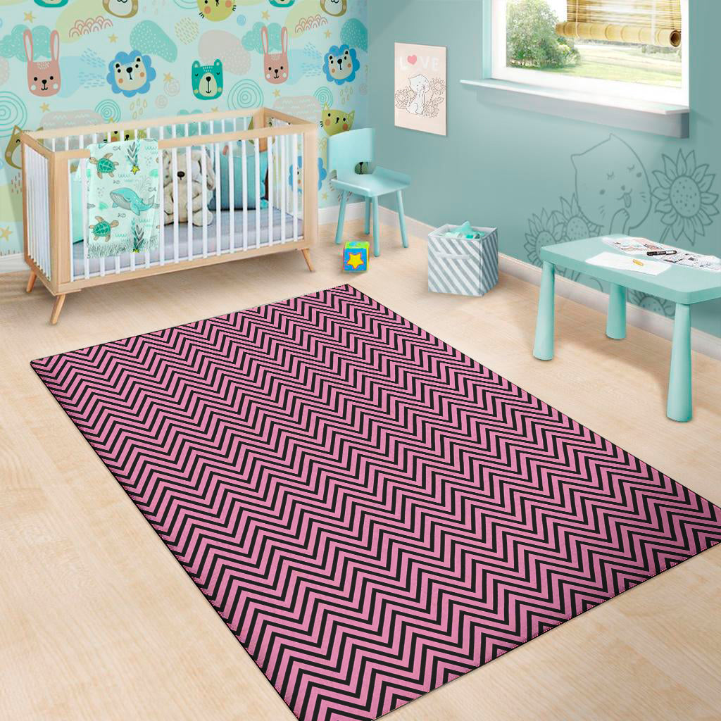 Pink And Black Zigzag Pattern Print Area Rug