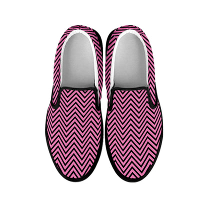 Pink And Black Zigzag Pattern Print Black Slip On Shoes