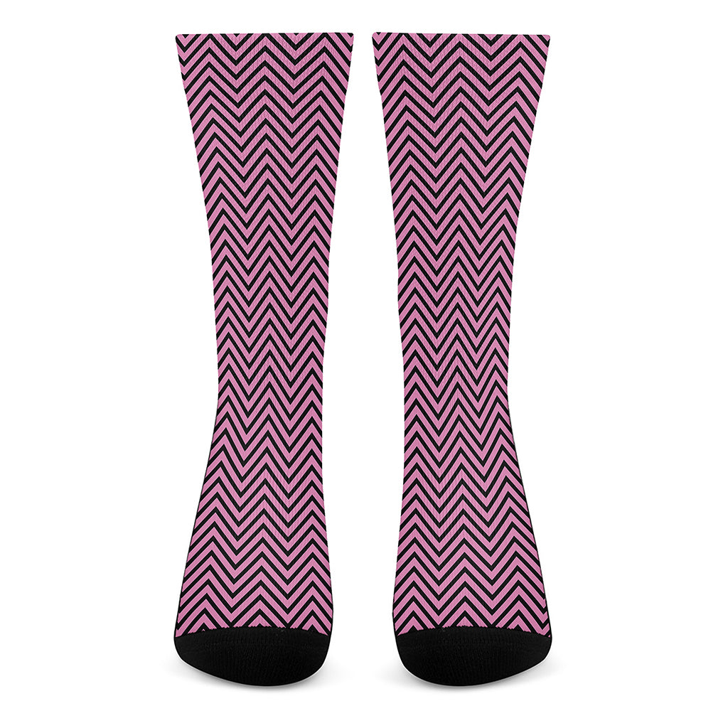 Pink And Black Zigzag Pattern Print Crew Socks