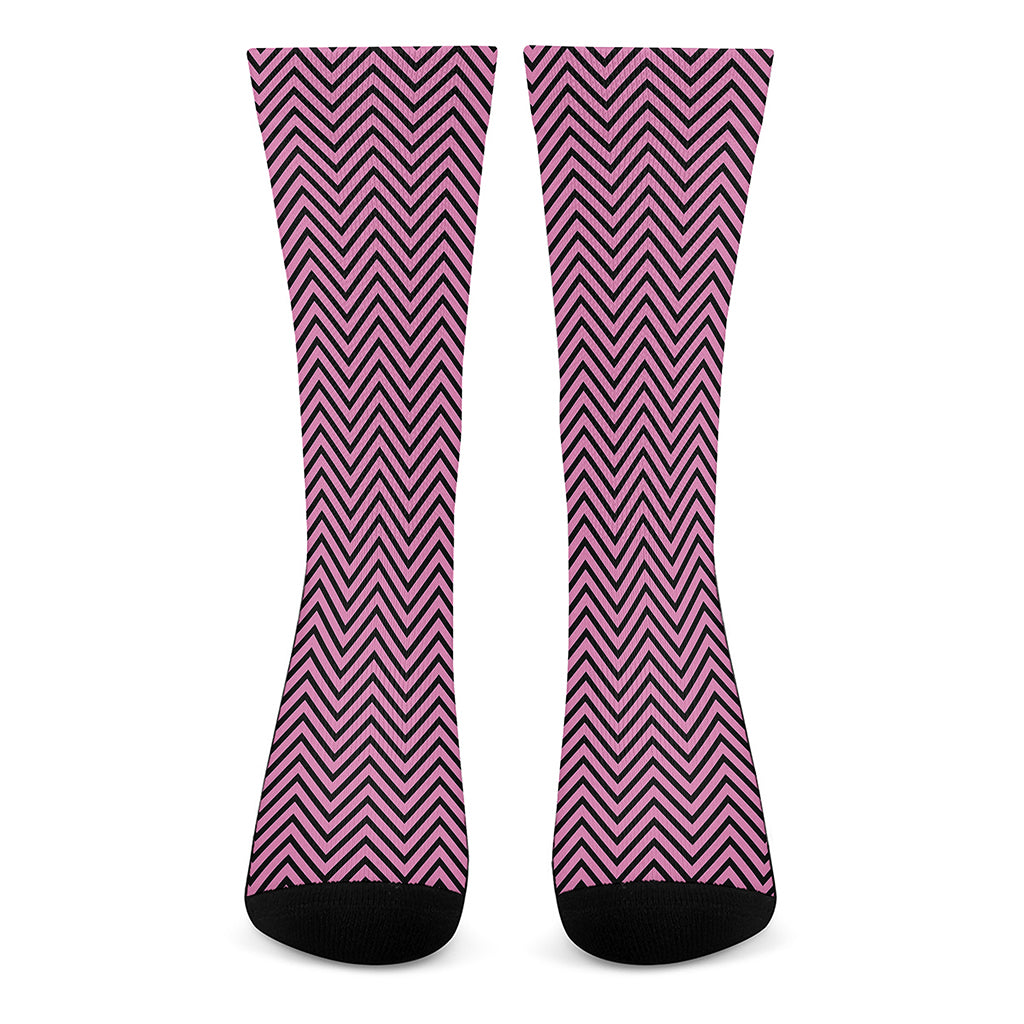 Pink And Black Zigzag Pattern Print Crew Socks