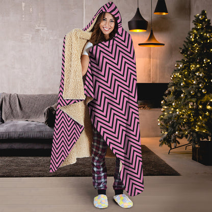 Pink And Black Zigzag Pattern Print Hooded Blanket