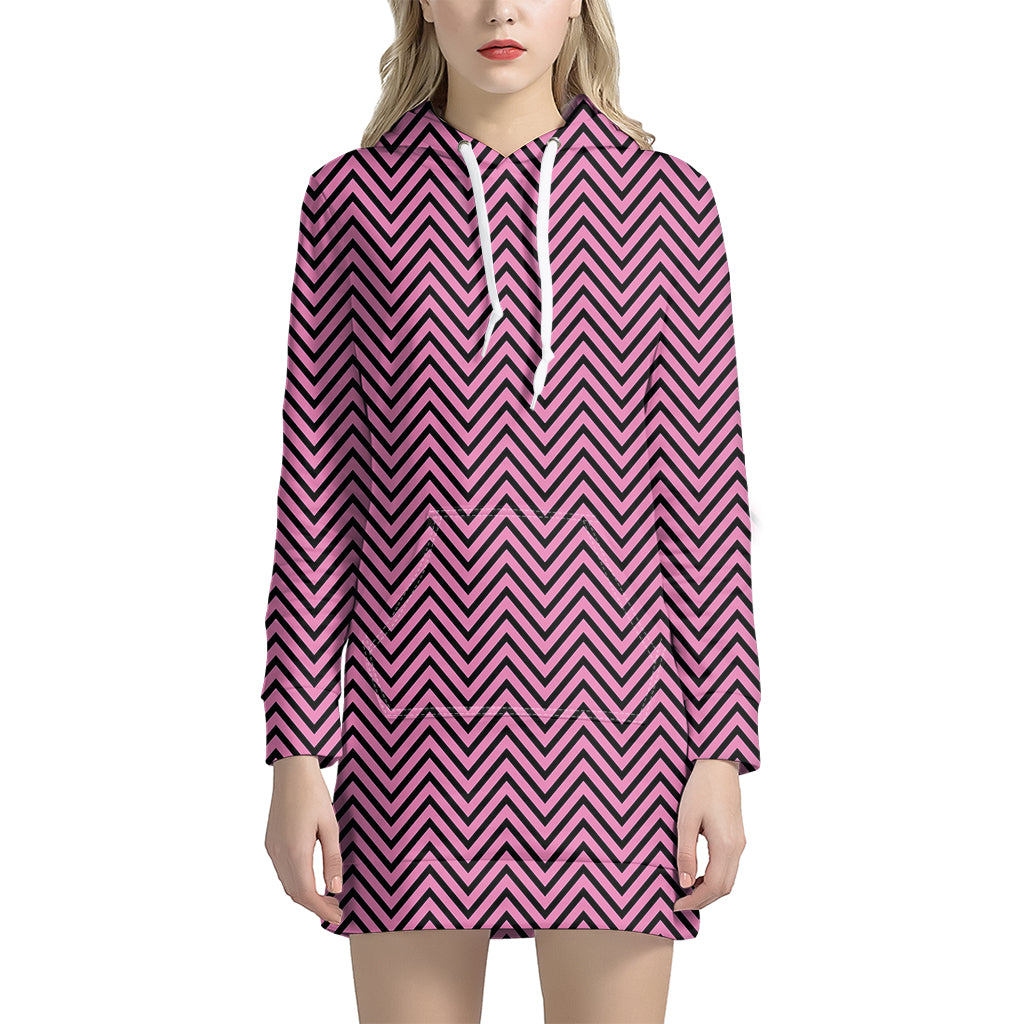 Pink And Black Zigzag Pattern Print Hoodie Dress