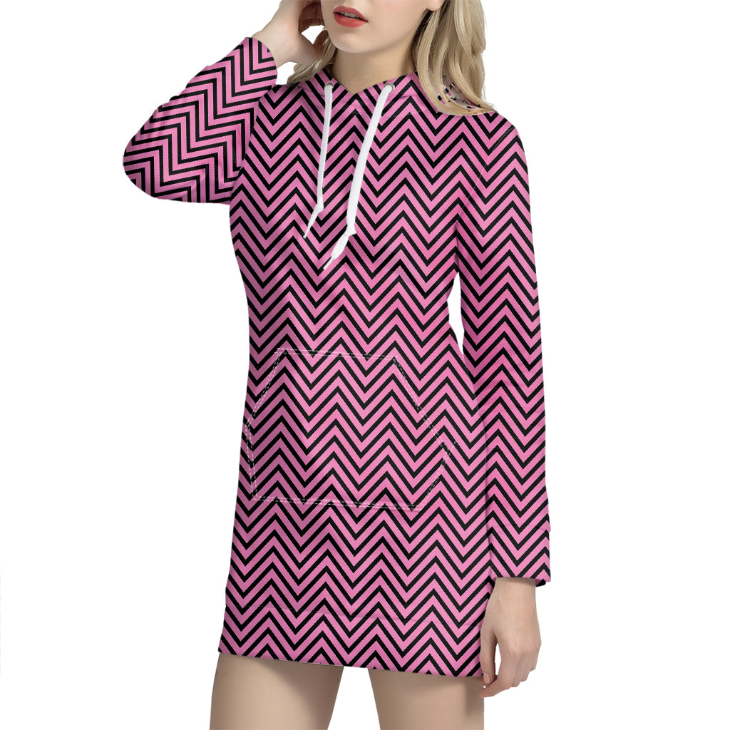 Pink And Black Zigzag Pattern Print Hoodie Dress