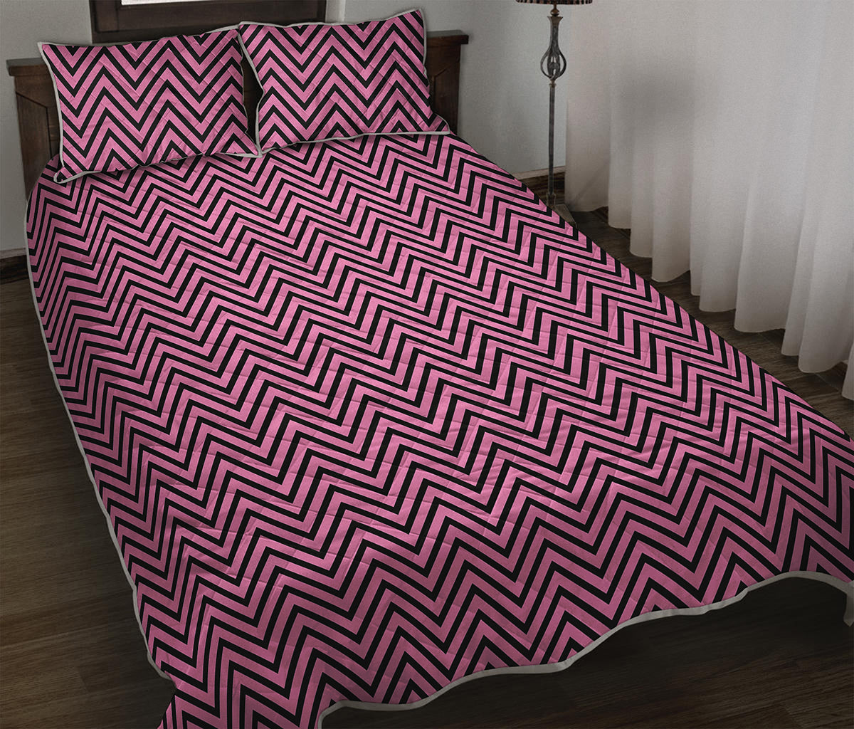 Pink And Black Zigzag Pattern Print Quilt Bed Set