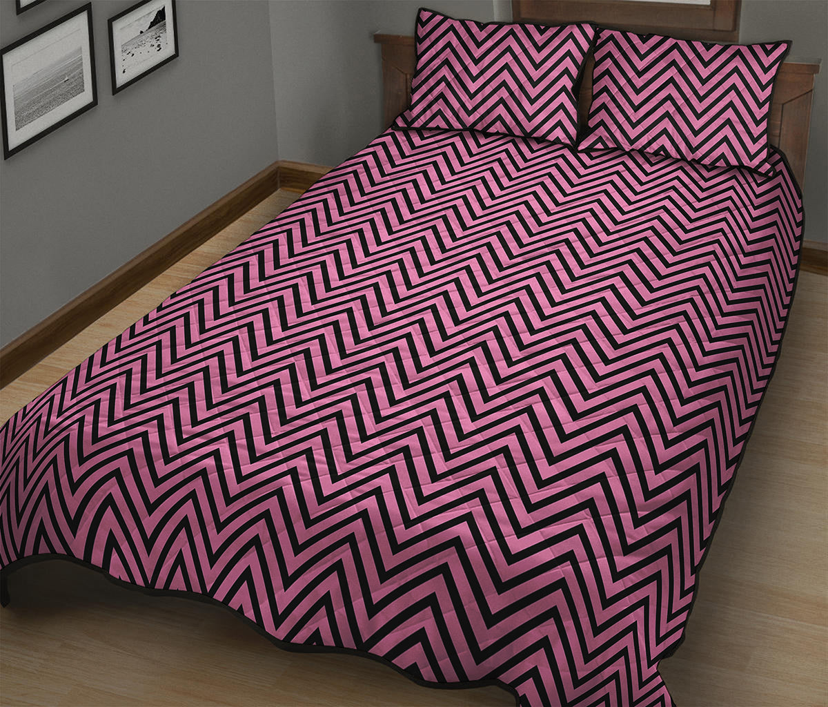 Pink And Black Zigzag Pattern Print Quilt Bed Set