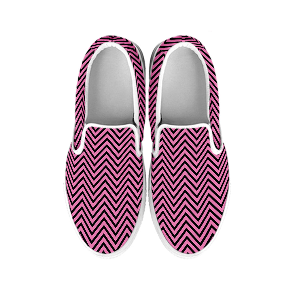 Pink And Black Zigzag Pattern Print White Slip On Shoes