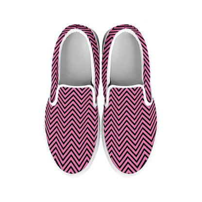 Pink And Black Zigzag Pattern Print White Slip On Shoes