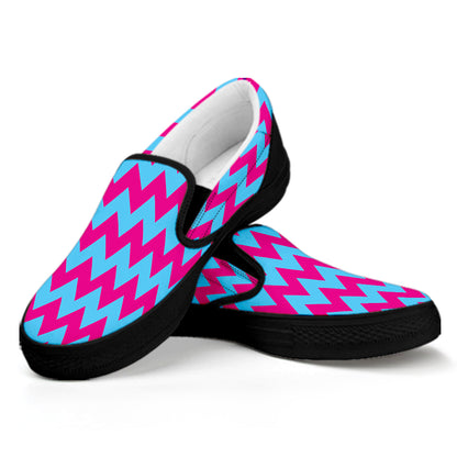 Pink And Blue Chevron Pattern Print Black Slip On Shoes