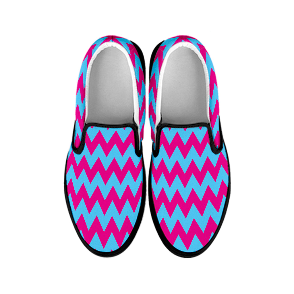 Pink And Blue Chevron Pattern Print Black Slip On Shoes