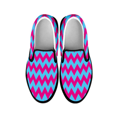Pink And Blue Chevron Pattern Print Black Slip On Shoes
