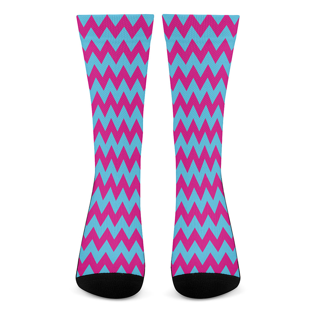 Pink And Blue Chevron Pattern Print Crew Socks