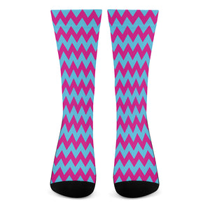 Pink And Blue Chevron Pattern Print Crew Socks