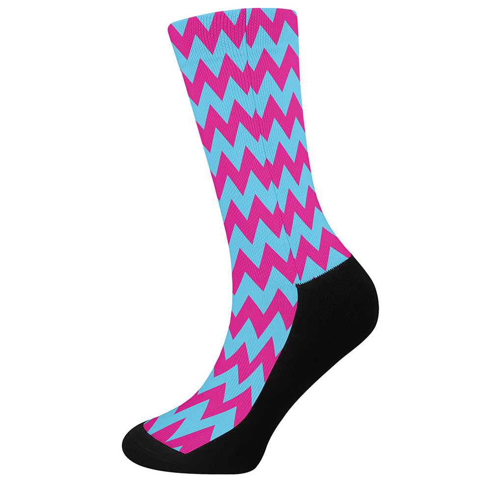 Pink And Blue Chevron Pattern Print Crew Socks