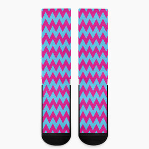 Pink And Blue Chevron Pattern Print Crew Socks