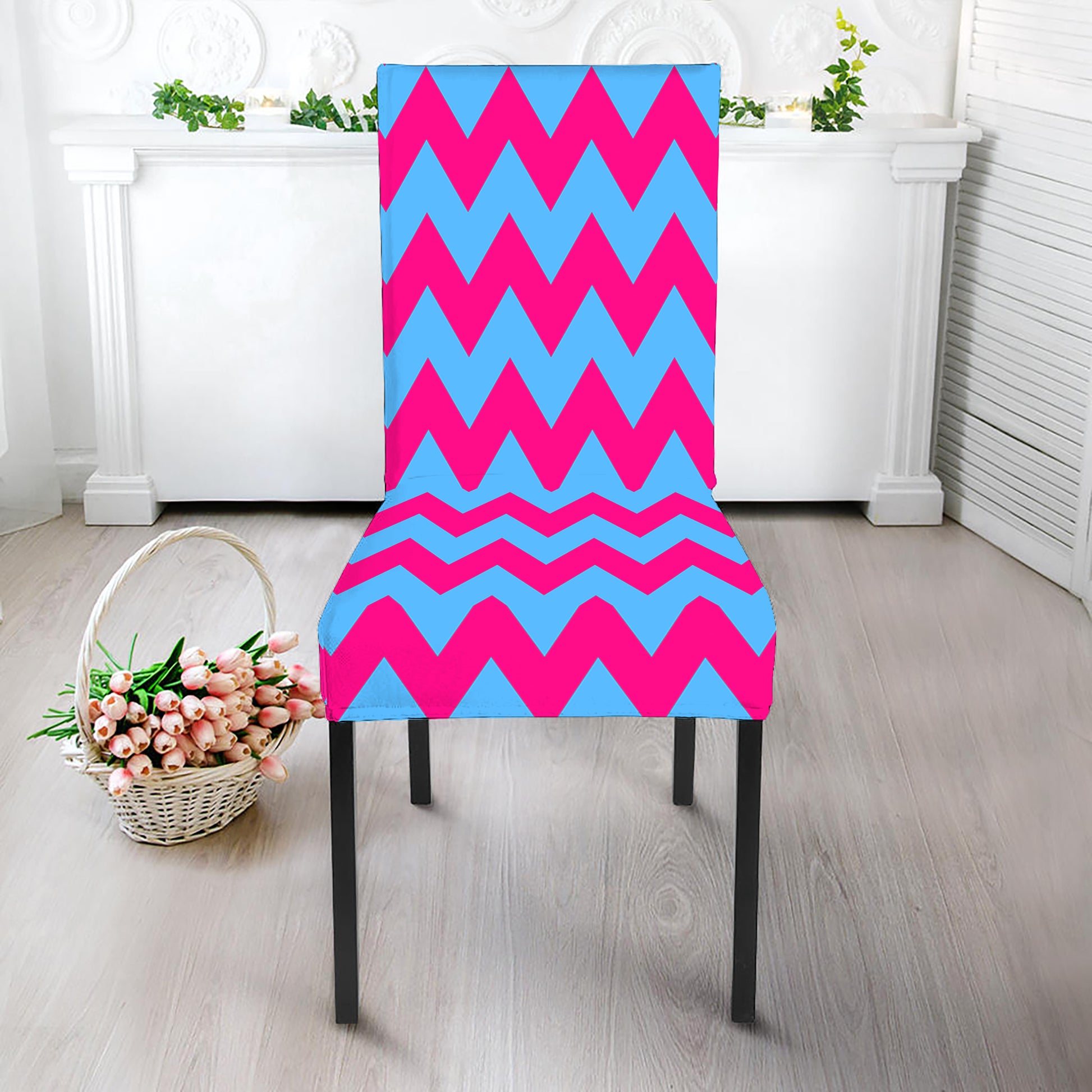 Pink And Blue Chevron Pattern Print Dining Chair Slipcover