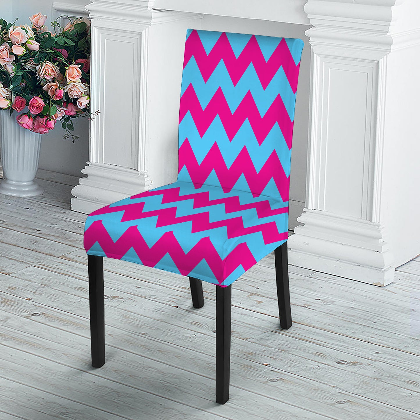 Pink And Blue Chevron Pattern Print Dining Chair Slipcover