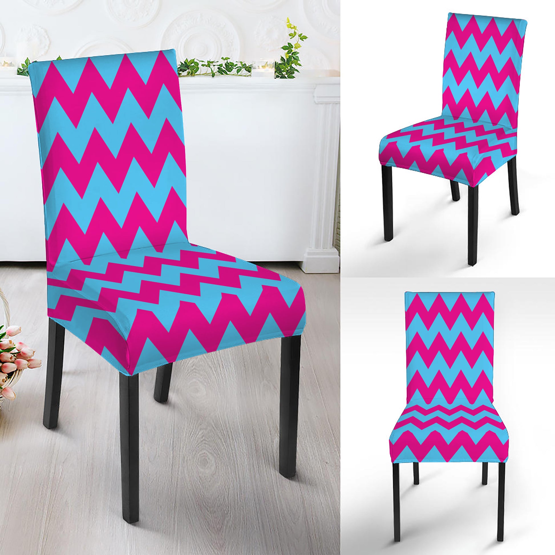 Pink And Blue Chevron Pattern Print Dining Chair Slipcover