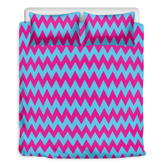 Pink And Blue Chevron Pattern Print Duvet Cover Bedding Set
