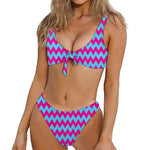 Pink And Blue Chevron Pattern Print Front Bow Tie Bikini