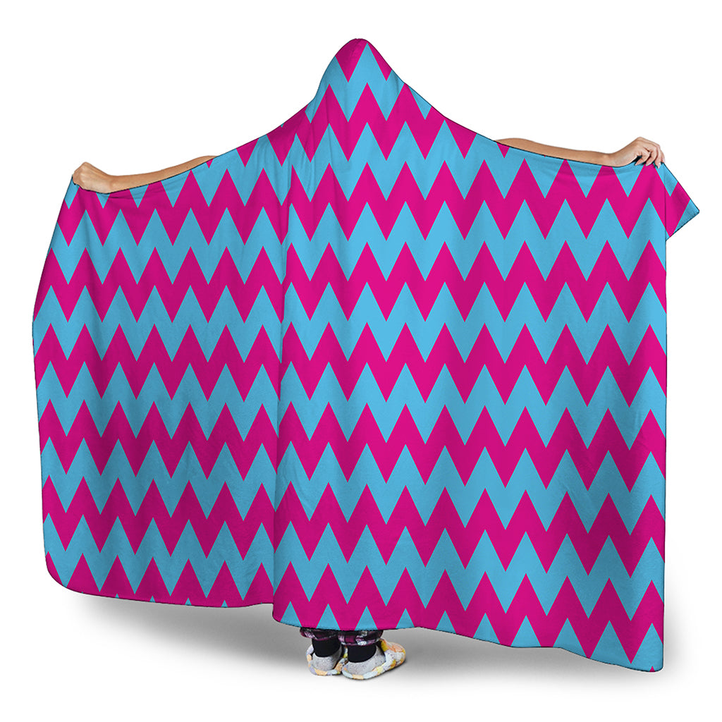 Pink And Blue Chevron Pattern Print Hooded Blanket