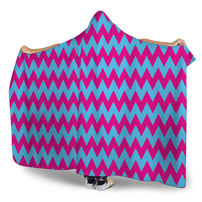Pink And Blue Chevron Pattern Print Hooded Blanket