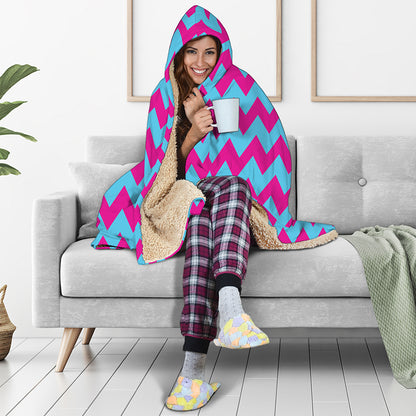 Pink And Blue Chevron Pattern Print Hooded Blanket