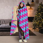 Pink And Blue Chevron Pattern Print Hooded Blanket
