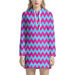 Pink And Blue Chevron Pattern Print Hoodie Dress