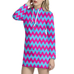 Pink And Blue Chevron Pattern Print Hoodie Dress
