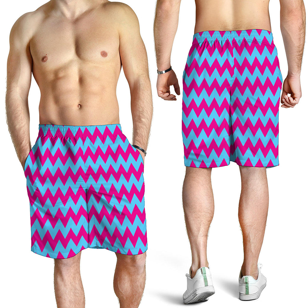 Pink And Blue Chevron Pattern Print Men's Shorts