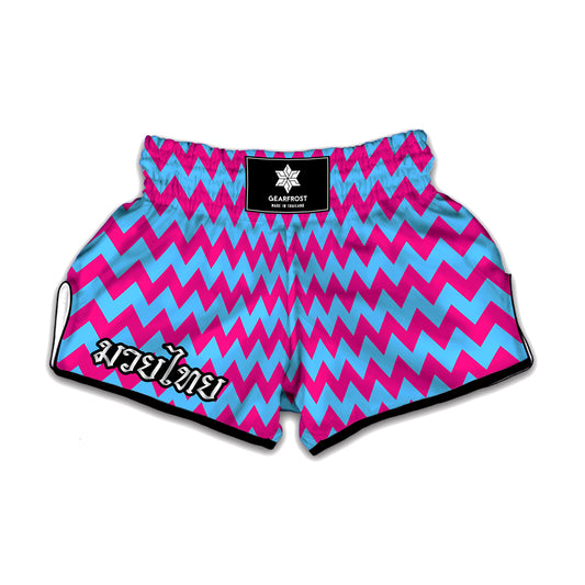 Pink And Blue Chevron Pattern Print Muay Thai Boxing Shorts