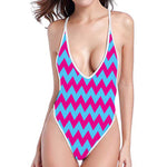 Pink And Blue Chevron Pattern Print One Piece High Cut Swimsuit