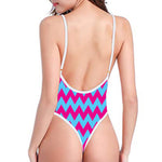 Pink And Blue Chevron Pattern Print One Piece High Cut Swimsuit