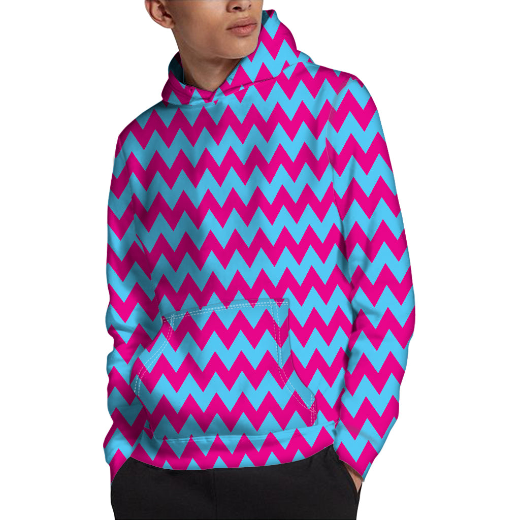 Pink And Blue Chevron Pattern Print Pullover Hoodie