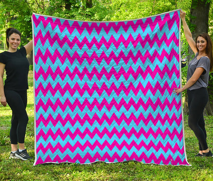 Pink And Blue Chevron Pattern Print Quilt