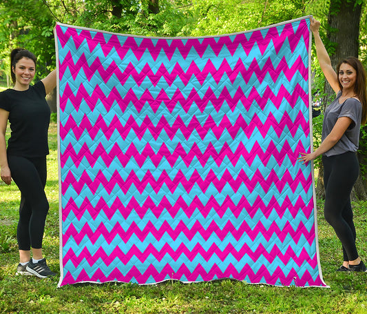Pink And Blue Chevron Pattern Print Quilt
