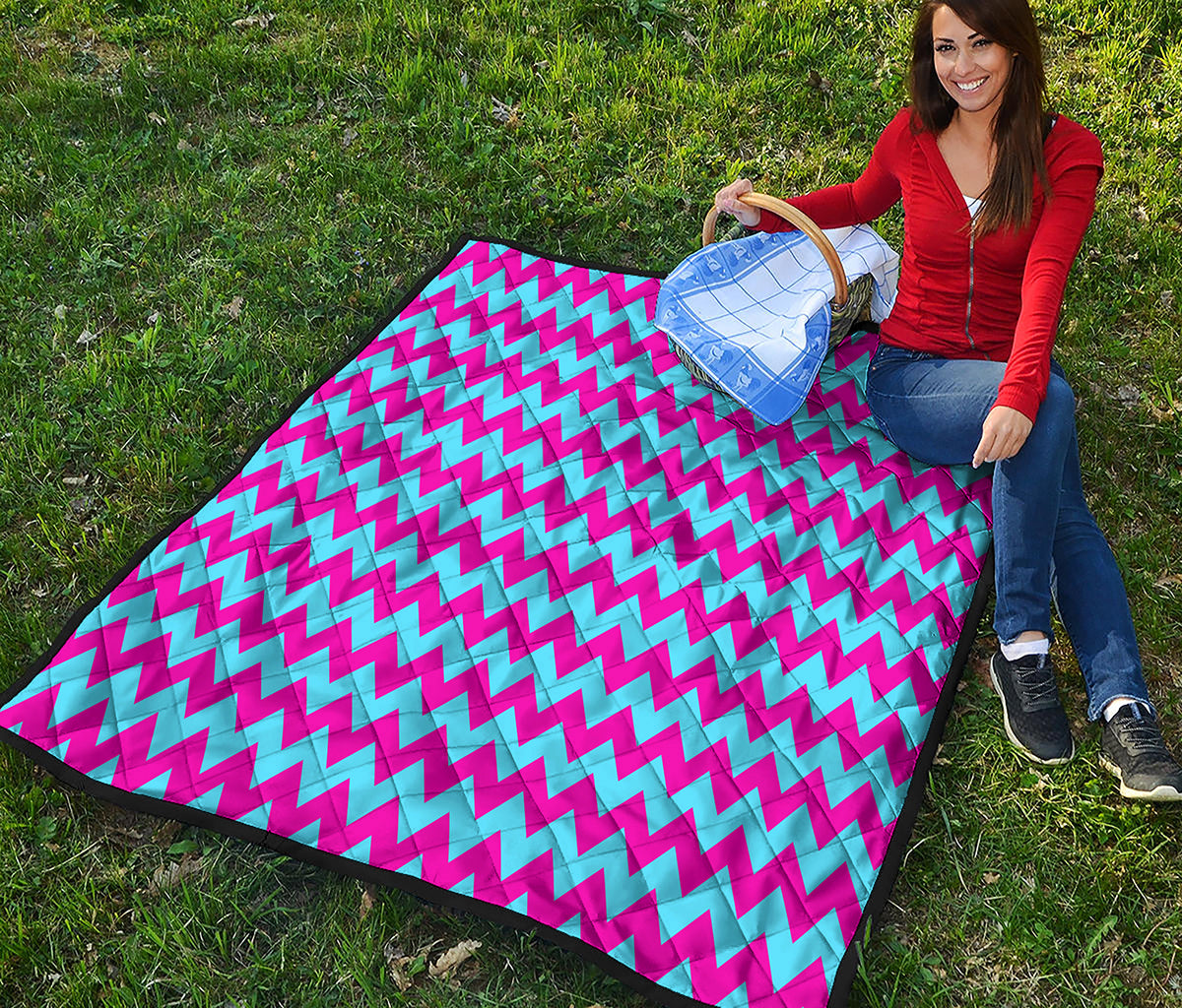 Pink And Blue Chevron Pattern Print Quilt