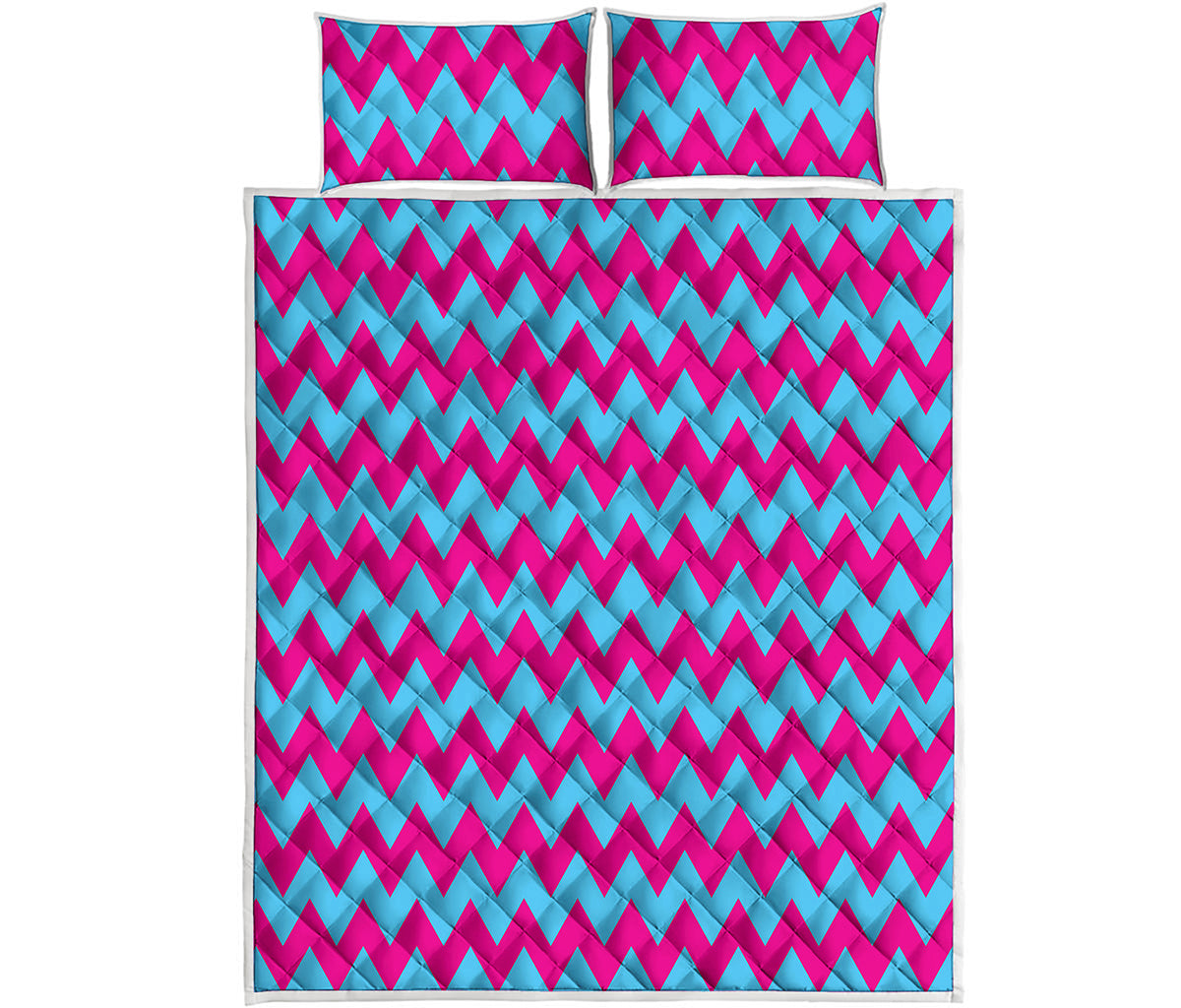 Pink And Blue Chevron Pattern Print Quilt Bed Set