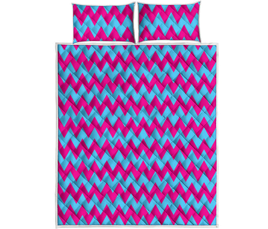 Pink And Blue Chevron Pattern Print Quilt Bed Set