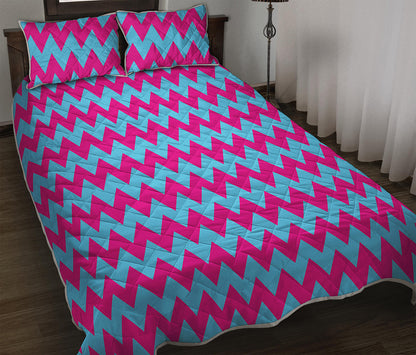 Pink And Blue Chevron Pattern Print Quilt Bed Set