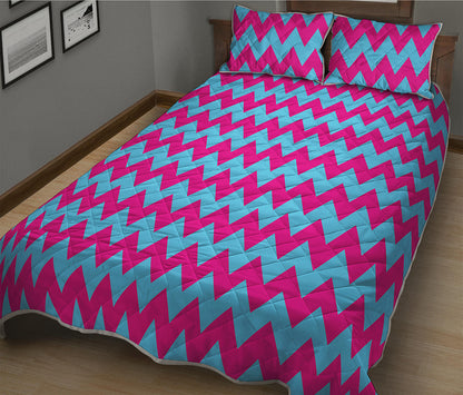 Pink And Blue Chevron Pattern Print Quilt Bed Set