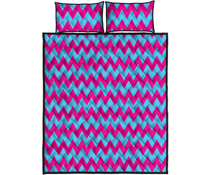Pink And Blue Chevron Pattern Print Quilt Bed Set