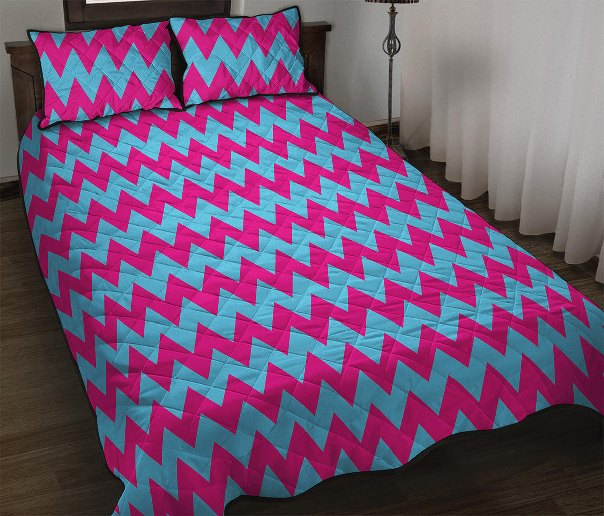 Pink And Blue Chevron Pattern Print Quilt Bed Set