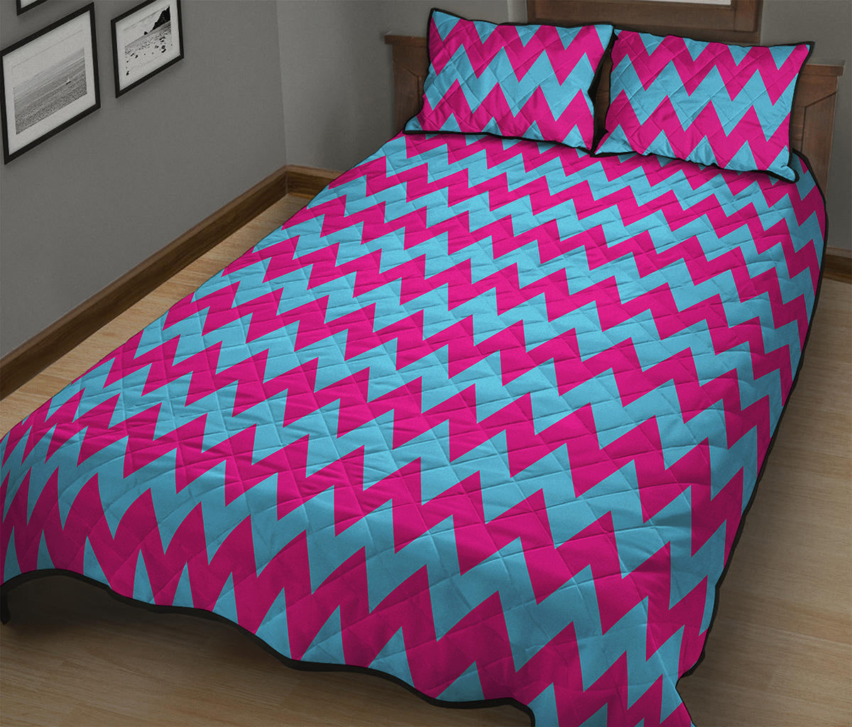Pink And Blue Chevron Pattern Print Quilt Bed Set