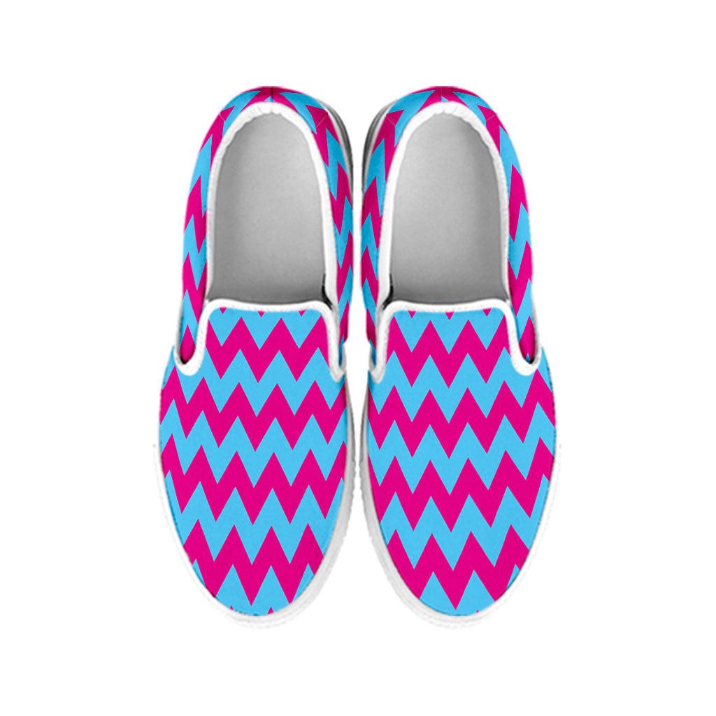 Pink And Blue Chevron Pattern Print White Slip On Shoes
