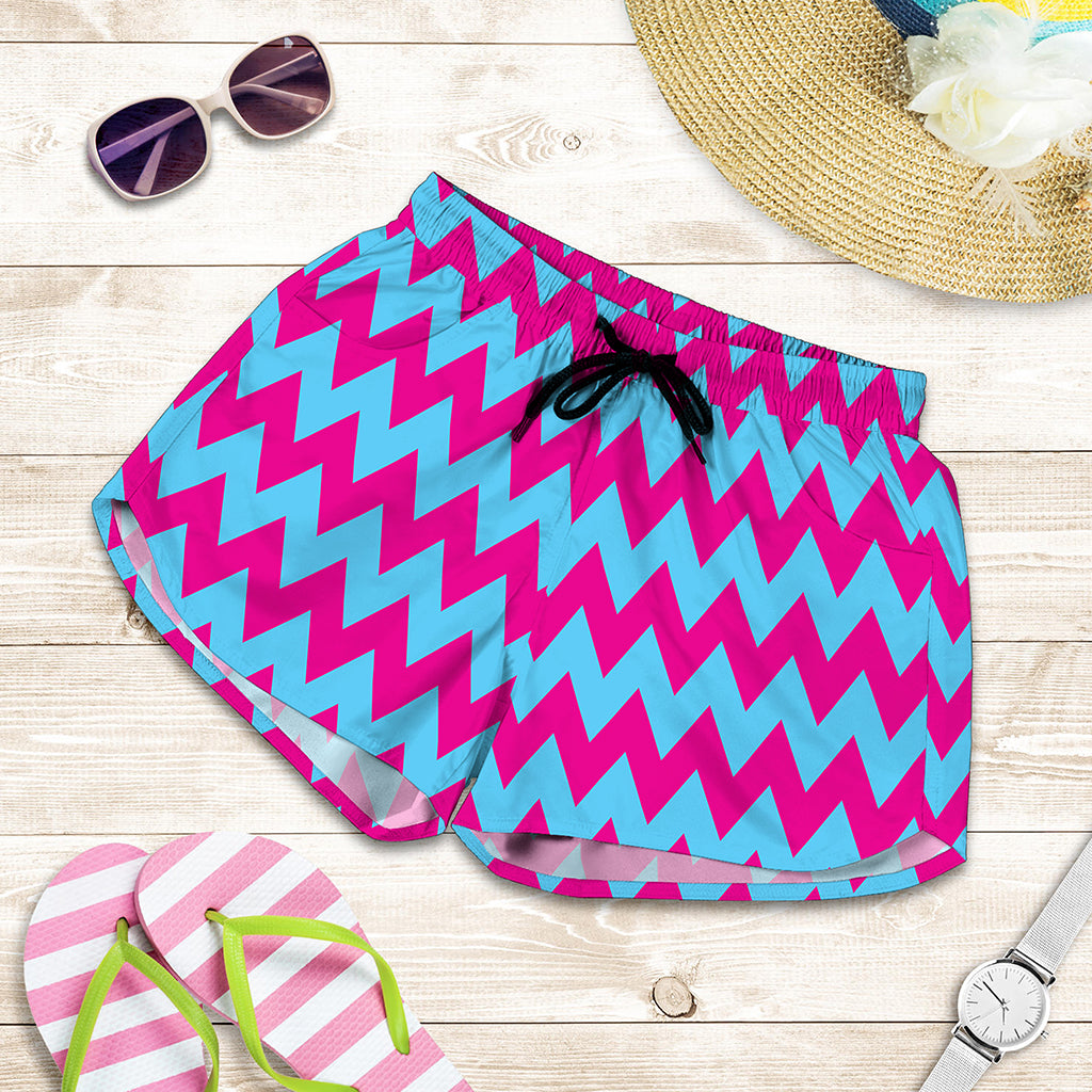Pink And Blue Chevron Pattern Print Women's Shorts