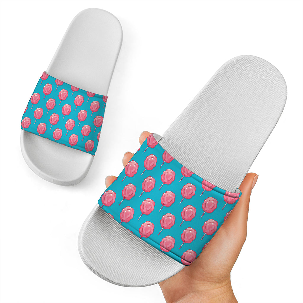 Pink And Blue Cotton Candy Pattern Print White Slide Sandals
